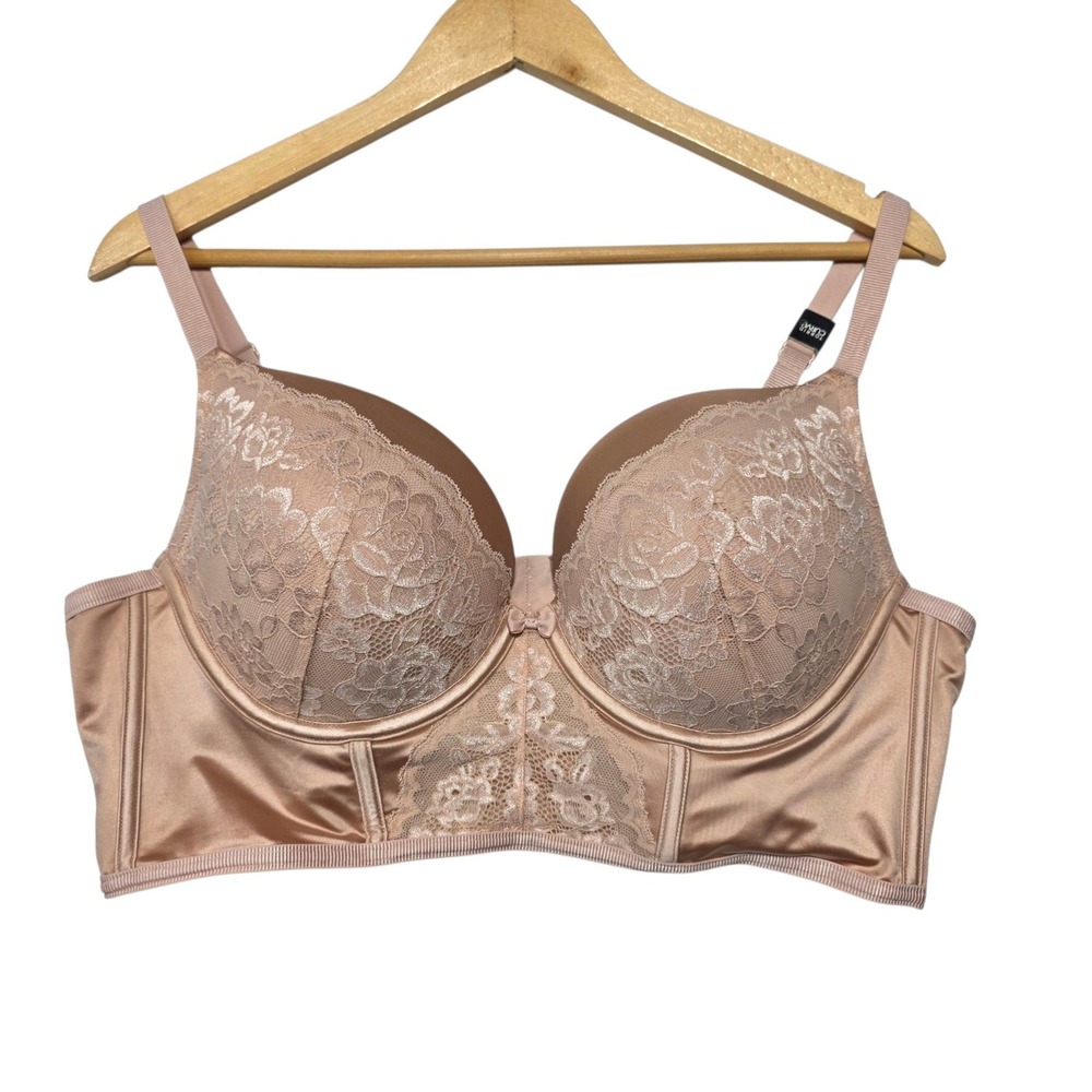 Torrid Curve Push-Up Plunge Longline Bra Women 40D Beige Lace Nylon Spandex